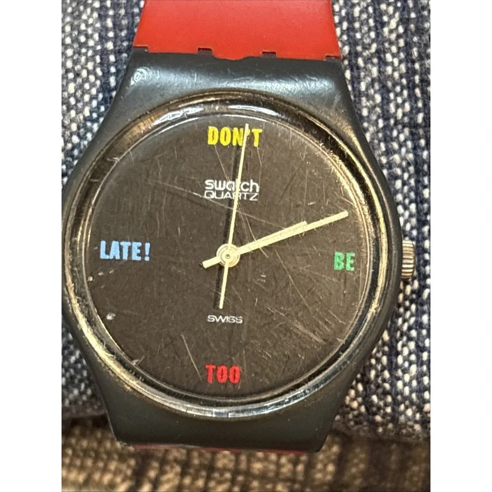 swatch  DON'T BE TOO LATE - GA100 - 1980's - 34mm Rare Red Band Watch